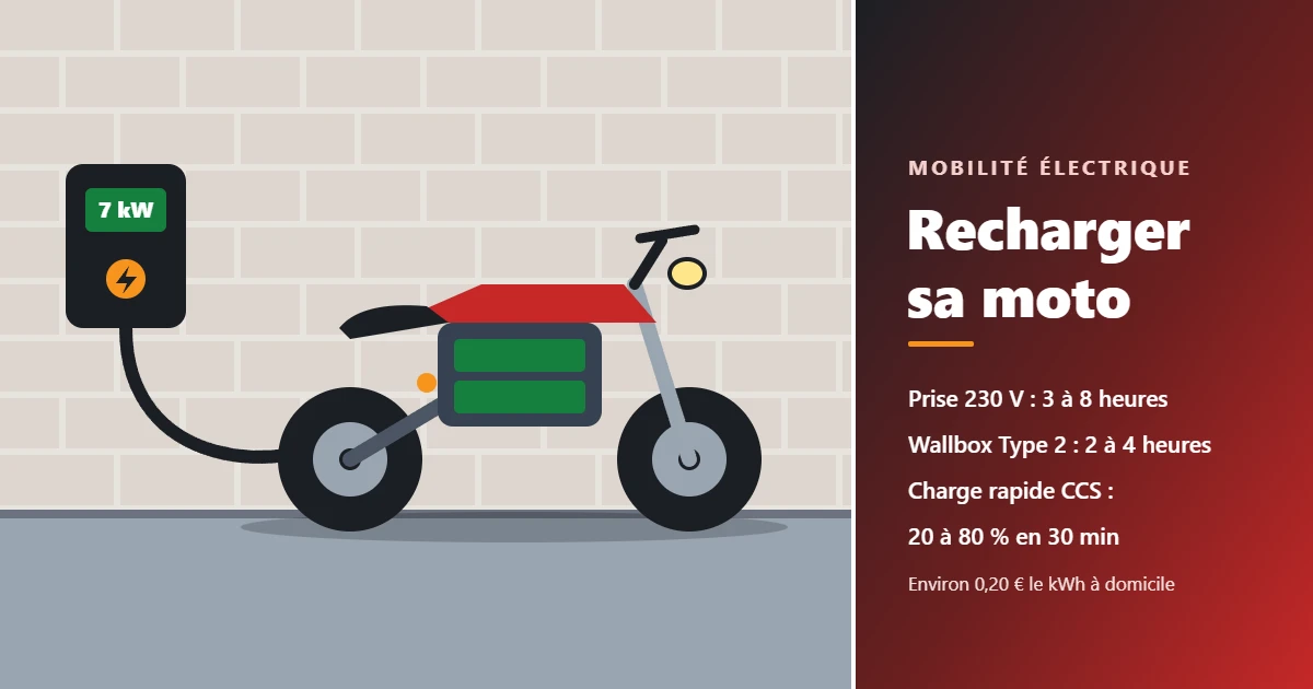 Illustration d’une moto électrique en charge sur une wallbox murale