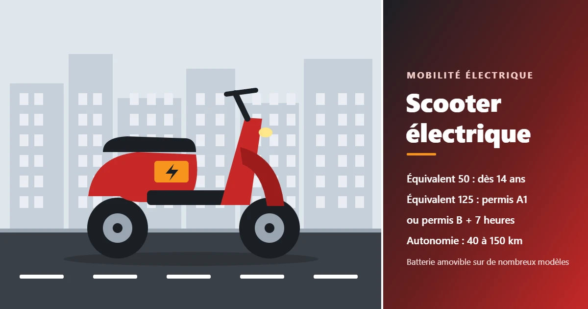 Illustration d’un scooter électrique en ville, avec les catégories et le permis