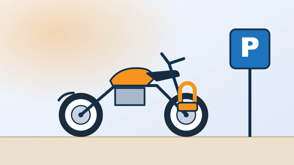 Illustration : moto garée avec antivol U devant un panneau de stationnement